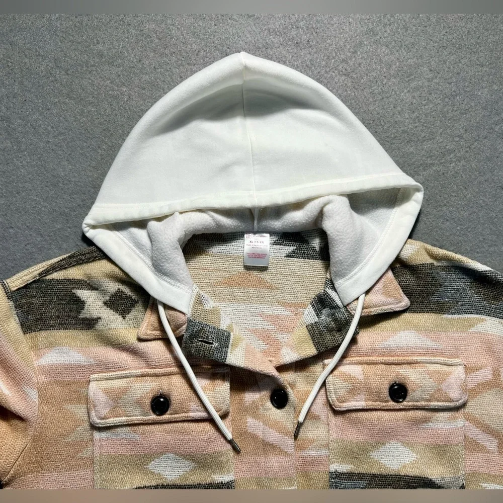 No Boundaries Hooded Shirt Jacket Women’s XL Aztec Print Pink Button Up Poly